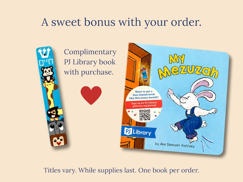 The image is an advertisement for a library service that offers a sweet bonus with an order. It features a book titled "My Mezuzah" and a bookmark with a cartoon rabbit. The text on the image provides information about the library service, including that it is a complimentary PJ Library book with purchase, and that the books are available for one book per order. The image also mentions that the titles vary, and that while supplies last, one book per order is the standard.