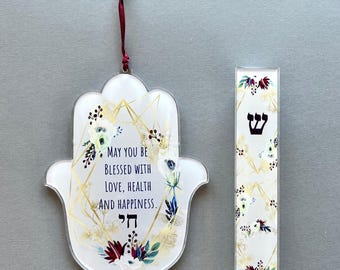 Hamsa and Mezuzah, Floral Boho Design, Jewish Gift for Baby Naming, Housewarming, Engagement, Wedding