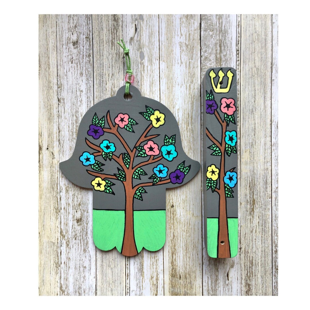 Hamsa Wall Decor and Mezuzah for Jewish Baby Naming Gift with Optional