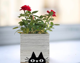 Black Cat Planter, Cat Succulent Planter, Small Whitewashed Rustic Wood Box, Cat Lover Gift, Cat Gifts, Cat Garden, Gift for Her