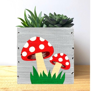Hand Painted Mushroom Planter: Wood Succulent Pot, Fairy Garden Art