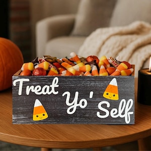 Halloween Candy Holder Box – “Treat Yo’ Self” Wooden Candy Bin with Cute Candy Corn – Fall Party Décor, Trick or Treat Bowl Alternative