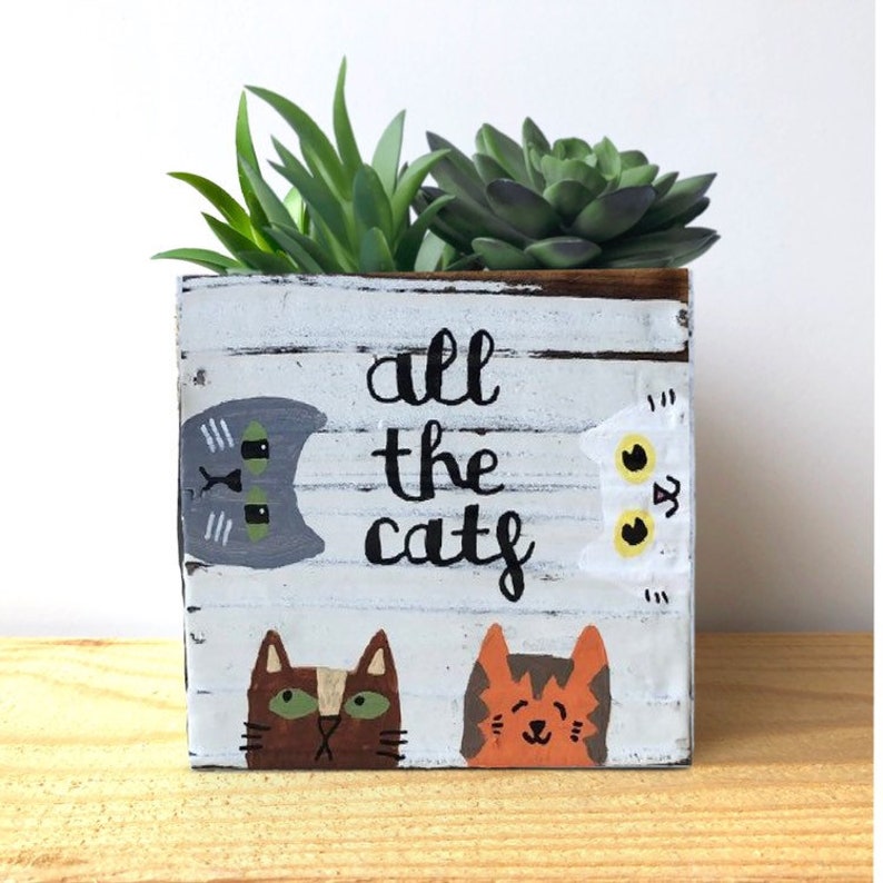 Cat Lover Gift Small Whitewashed Rustic Wood Box Cat Gifts Cat Planter Cat Garden Gift Cat Planter All the Cats Succulent Planter