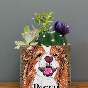 A wooden planter box with a painted illustration of a dog's face, featuring the name "Perry" below it. The planter box is filled with various plants, including a cactus and a purple flower.