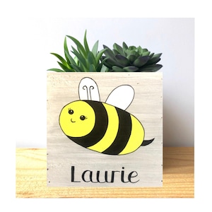 Hand Painted Bumble Bee Planter: Whitewashed Wood Decorative Bin