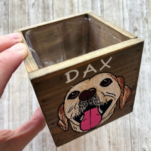 Mini Pet Portrait Planter, Mother's Day, Father's Day Gift, custom Cat Dog box, Personalized Pet Loss Memorial Natural Brown Wood