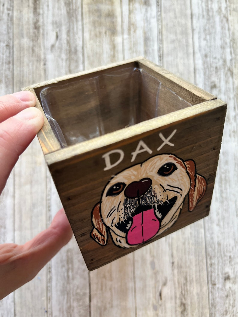 Mini Pet Portrait Planter, Mother's Day, Father's Day Gift, custom Cat Dog box, Personalized Pet Loss Memorial Natural Brown Wood