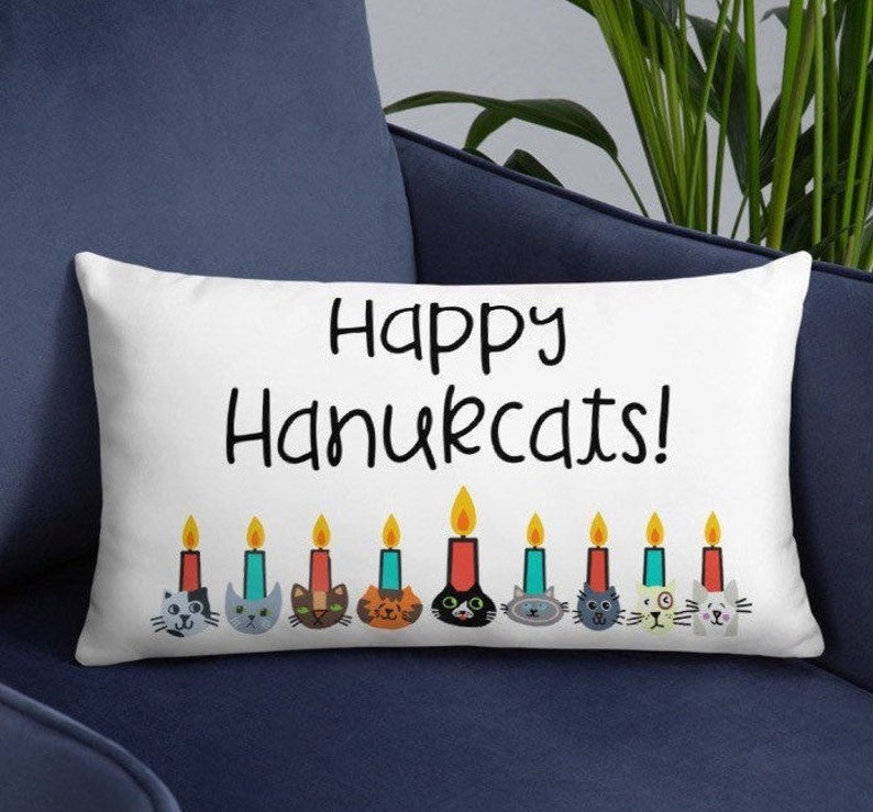 Hanukkah Pillow, Cute Hanukkah Gift, Cat Hanukkah Menorah, Cat Themed Holiday Decor, Unique Chanukah Gift, Hanukkah Decor for Office, Kids image 1