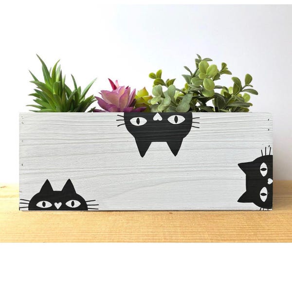Black Cat Planter: Hand-Painted Wood Decorative Box