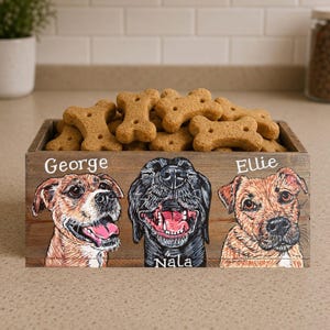May include: Wooden dog treat box with three dog portraits and the names "George", "Nala", and "Ellie". The box is filled with bone-shaped dog biscuits. The box has a rustic, weathered appearance.