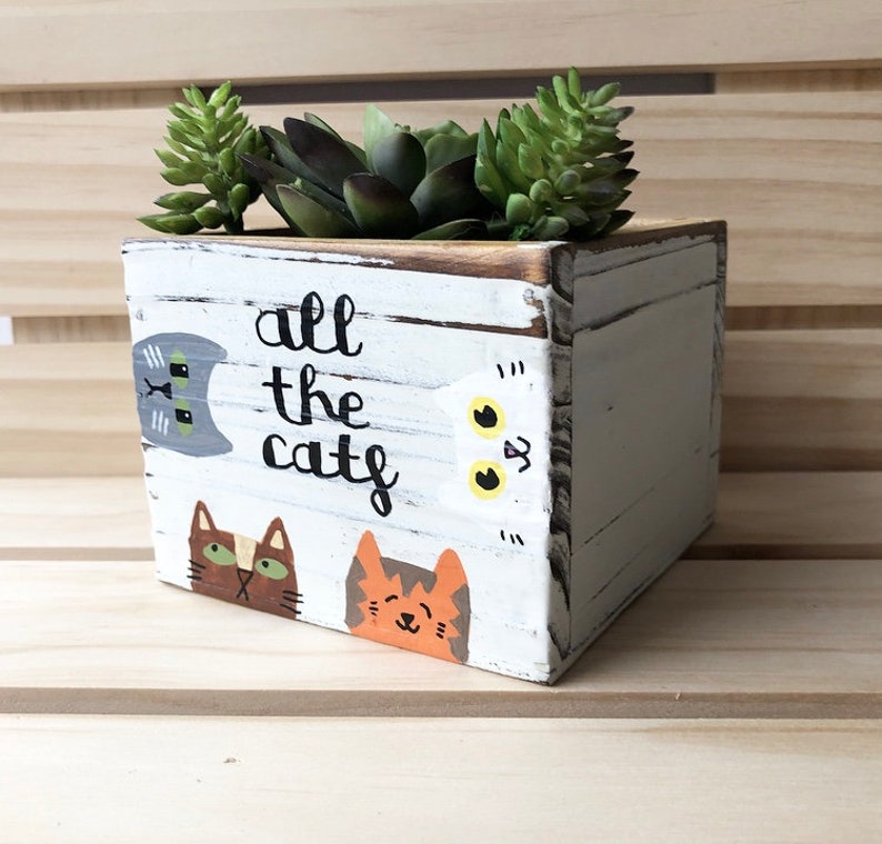 Cat Lover Gift Small Whitewashed Rustic Wood Box Cat Gifts Cat Planter Cat Garden Gift Cat Planter All the Cats Succulent Planter