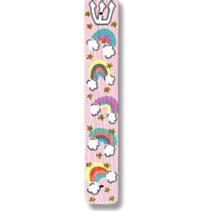 May include: A rectangular light pink wooden incense holder featuring a hand-painted design of five colorful rainbows with white clouds and small gold stars. At the top, there is a white trident-shaped symbol and a small circular hole for incense.