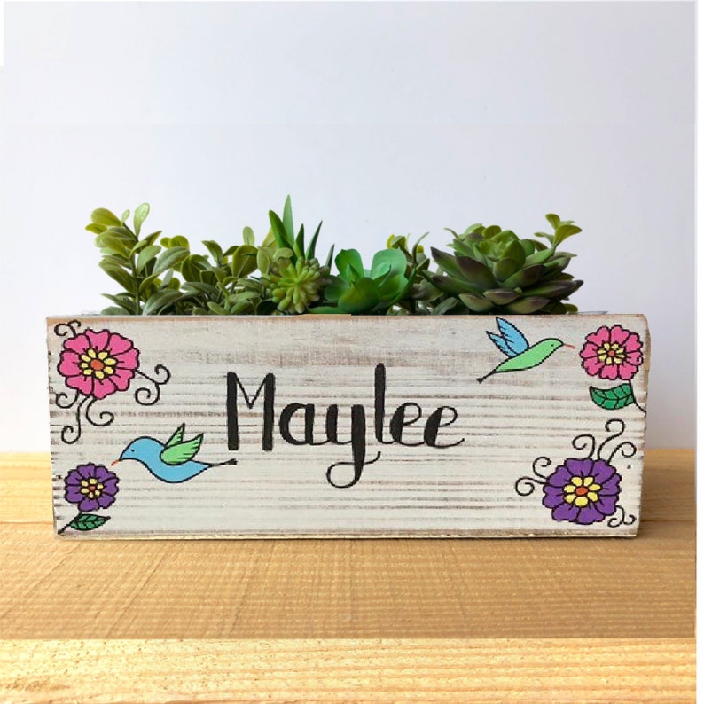 Hamsa Good Vibes Whitewashed Rustic Wood Box Small Succulent Planter