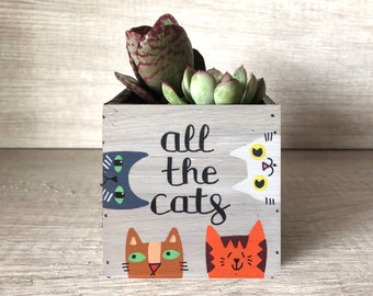 Cat Planter, All the Cats Succulent Planter, Small Whitewashed Rustic Wood Box, Cat Lover Gift, Cat Planter, Cat Gifts, Cat Garden Gift