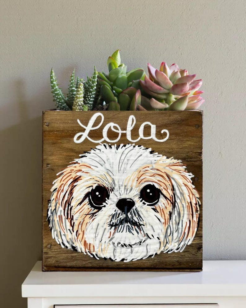 A wooden planter box with a painted image of a dog's face on it, containing a variety of succulent plants.