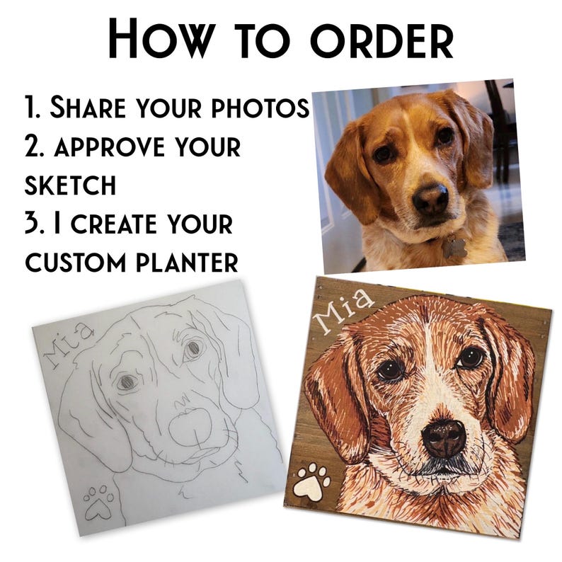 May include: Image with text "HOW TO ORDER" and steps: Share photos, approve sketch, and custom planter creation. Includes a dog photo, a sketch, and a painted portrait of a dog named Mia.