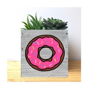 Donut Wood Planter or Bin – Custom Rustic Organizer – 4&quot; or 5&quot; Square Succulent Box, Cute Kitchen Decor, Birthday Gift