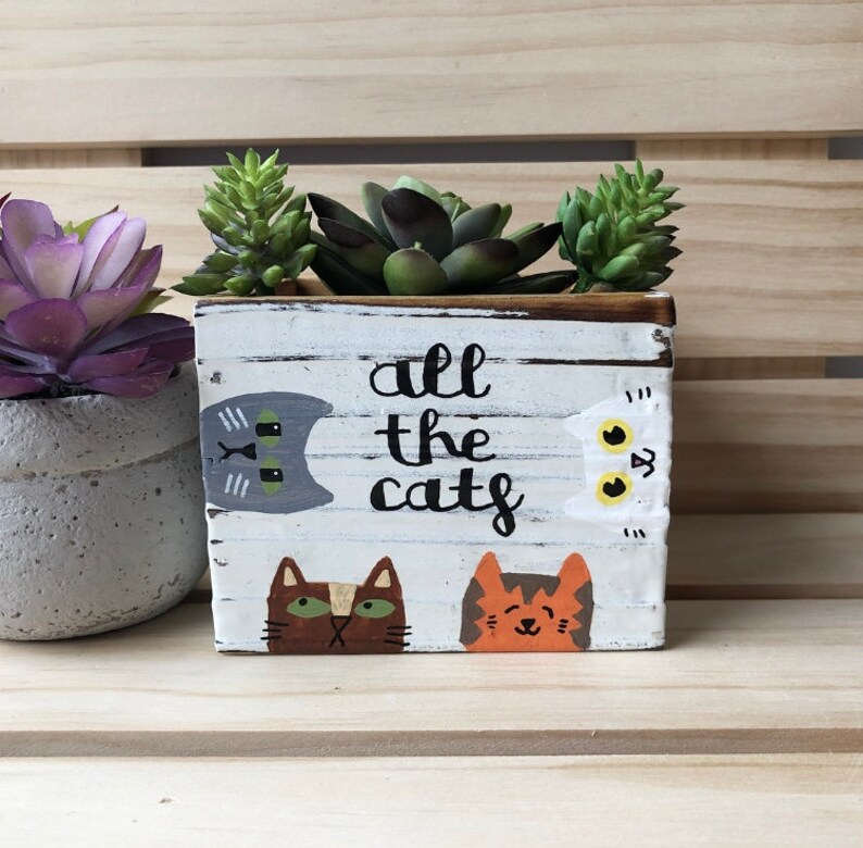 Cat Lover Gift Small Whitewashed Rustic Wood Box Cat Gifts Cat Planter Cat Garden Gift Cat Planter All the Cats Succulent Planter