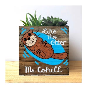Personalized Otter Planter: Hand-Painted Wood Box, Custom Garden Gift