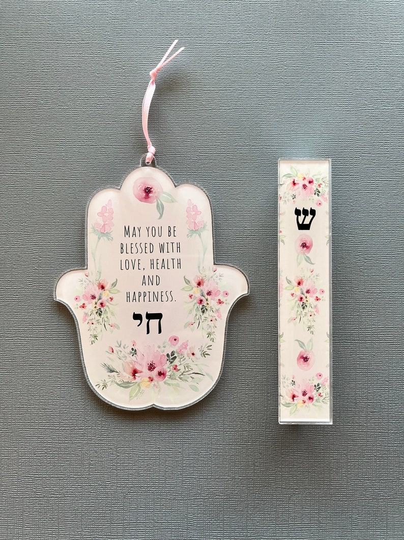 Hamsa and Mezuzah, Pink Flowers Design, Jewish Gift for Baby Naming, Housewarming, Engagement, Wedding, Mother's Day image 1