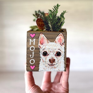 May include: A wooden planter box with a hand-painted portrait of a white Chihuahua. The word "MOJO" is painted vertically on the side, with pink hearts. The box is filled with greenery and succulents.