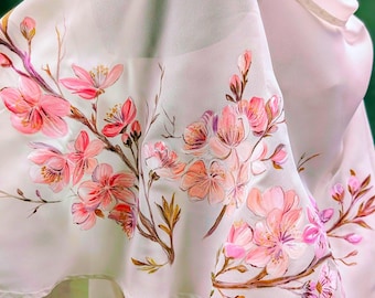 Hand Painted Blossom Flower Scarf, Cream Decorative Trim Shawl