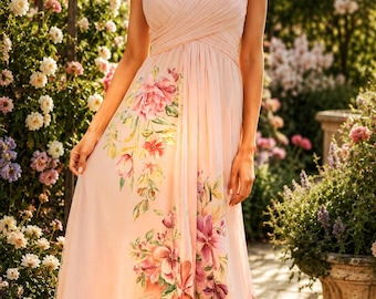 Hand-painted schiffon blush pink floaty dress, bridesmaid floral dress. Garden party guest outfit. Beach wedding, photoshoot dress.