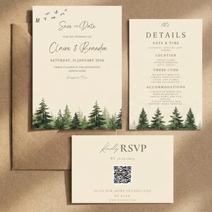 May include: A wedding invitation suite on cream paper featuring a forest of green pine trees at the bottom. The cards include text for Save the Date for Claire and Brandon, Details, and an RSVP card with a QR code and birds in flight.
