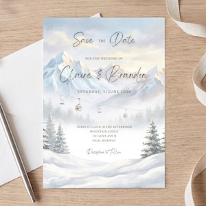May include: A rectangular wedding save the date card featuring a watercolor illustration of snow-covered mountains, pine trees, and a ski lift. The text reads Save the Date for the wedding of Claire & Brandon, Saturday, 31 June 2026, at Mountain Lodge, Oslo, Norway.