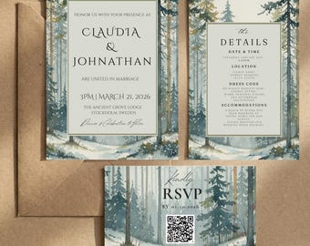 May include: A wedding invitation suite featuring a watercolour forest scene with pine trees and snow. The cards include text for Claudia and Johnathan, event details, and an RSVP card with a QR code. The design uses a muted colour palette of green, blue, and white, presented on a light brown envelope background.