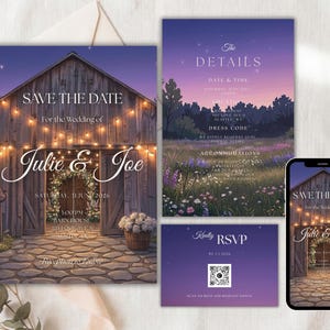 May include: A wedding stationery set featuring a Save the Date card, a details card, an RSVP card with a QR code, and a smartphone display. The design depicts a rustic barn at twilight with string lights, a stone path, and a purple sunset sky.
