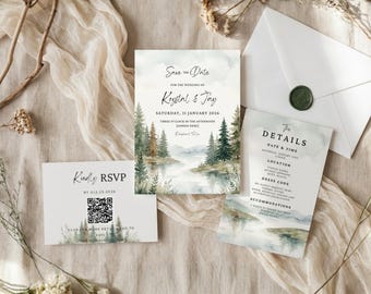 May include: A wedding stationery set featuring a Save the Date card, a Details card, and an RSVP card with a QR code. Each card displays a watercolour landscape of a lake surrounded by pine trees in shades of green and brown, with black text.