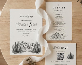 Forest Wedding Invitation Template – Pine Forest Design | Editable Canva