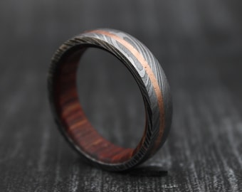 Rustic Men’s Damascus Ring – Copper Inlay, Whiskey Barrel Wood Sleeve, Valentine's Gift