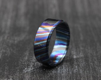 Handmade ZircuTi Damascus Ring, Twisted Pattern Wedding Band