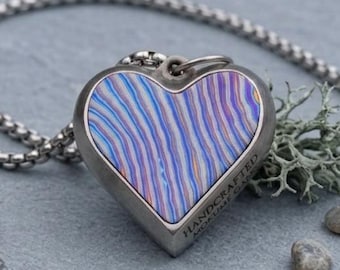 Handmade ZircuTi & Titanium Heart Pendant – Personalized Heart Necklace – Black Timascus Style Pendant – Unique Gift for Her