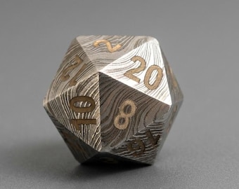 Damascus Steel D20 Dice – Handmade Metal D20 for DND – Forged Damascus Gaming Die – RPG Collector Gift
