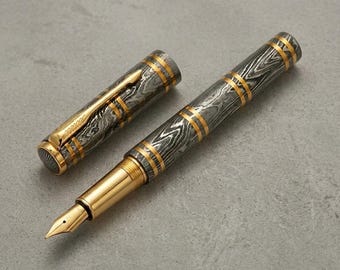 Handmade Damascus Steel Fountain Pen with Brass Inlay | Executive Writing Instrument