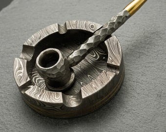 Handmade Damascus Steel Pipe Functional Artisan With Ashtray - Piece Of Art - Collectible - Gift For Him
