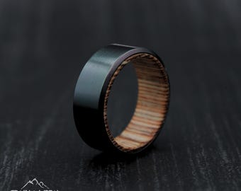 Black Zirconium Ring, Whiskey Barrel Wood Inlay Wedding Band, Minimalist Rustic Design