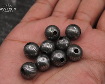 Handmade Damascus Ball, Round Pattern, High Carbon Steel Bead, EDC Collectible Metal Ball, Hand Forged Steel Ball 12mm, Hole Size 2.5mm