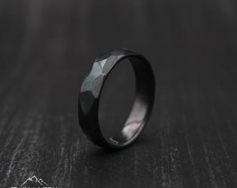 Handmade Faceted Black Zirconium Ring | Minimalist Wedding Band
