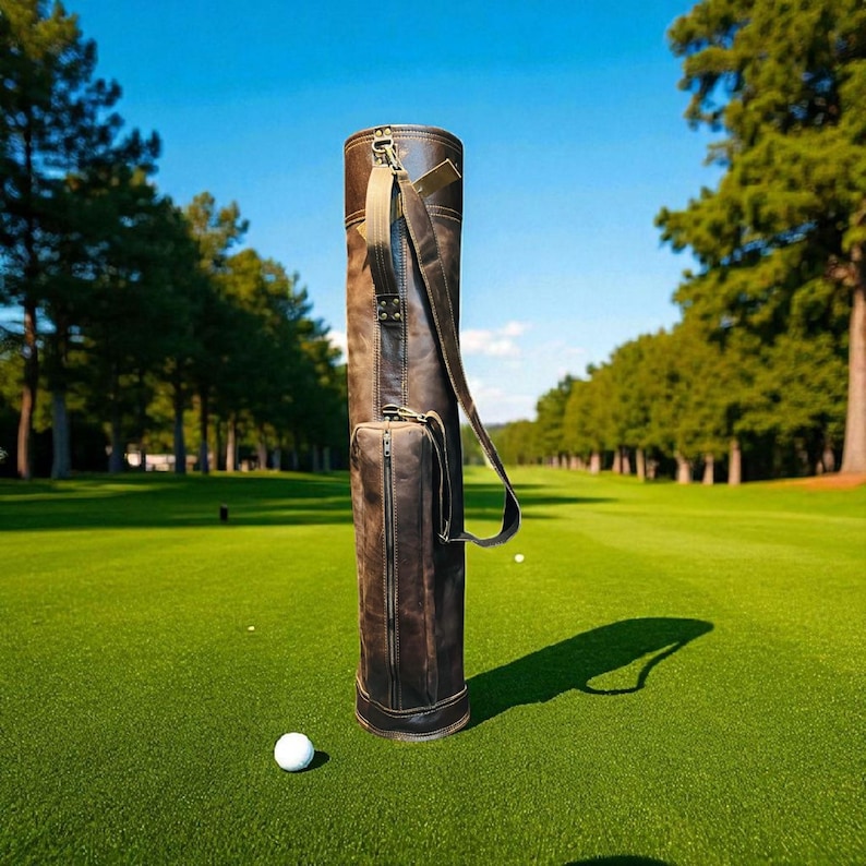 360° studio render of the Personalized Vintage Cowhide Leather Golf Bag highlighting three deep pockets.