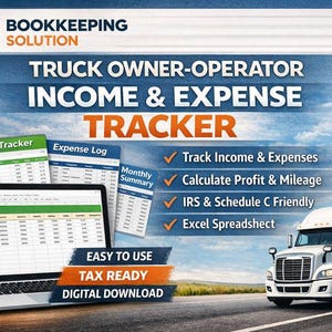 Könnte beinhalten: Bild eines Lkw-Eigentümer-Betreiber-Einnahmen- und Ausgaben-Trackers. Das Bild zeigt einen Laptop mit einer Tabelle sowie unterstützende Dokumente. Rechts ist ein Sattelzug zu sehen. Der Text enthält "Einnahmen & Ausgaben erfassen".