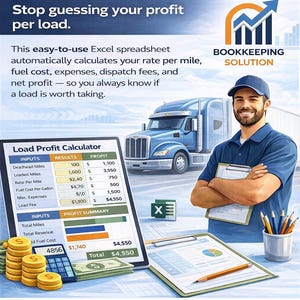 May include: An illustration promoting a load profit calculator for truck drivers and owner-operators. The image includes a blue semi-truck, a spreadsheet, and a man in a blue shirt. Text on the image reads "Stop guessing your profit per load."