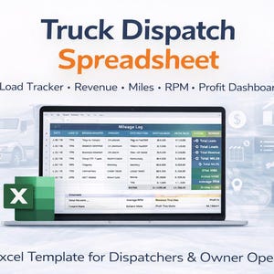 May include: A laptop displays a spreadsheet labeled "Mileage Log" with data tracking. The image promotes a "Truck Dispatch Spreadsheet" with features like load tracking and revenue analysis. An Excel logo is visible.