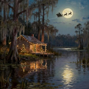 K&ouml;nnte beinhalten: Nachtgem&auml;lde einer gem&uuml;tlichen H&uuml;tte an einem See, geschm&uuml;ckt mit Weihnachtsbeleuchtung. Ein Weihnachtsbaum steht auf der Veranda. Der Weihnachtsmann und seine Rentiere fliegen vor dem Vollmond. Die Szene spiegelt sich im Wasser.
