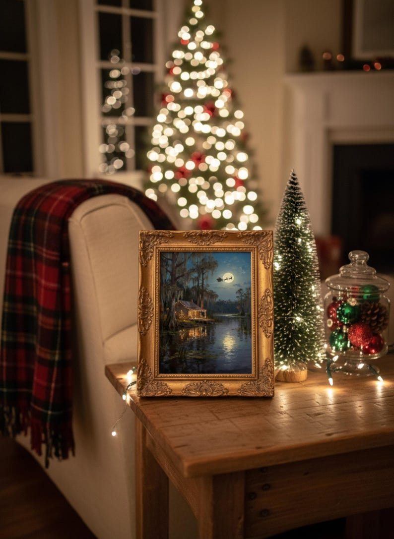 K&ouml;nnte beinhalten: Ein gerahmtes Gem&auml;lde mit einem goldenen, verzierten Rahmen zeigt eine n&auml;chtliche Landschaft mit einer H&uuml;tte an einem See. Ein kleiner Weihnachtsbaum und ein Glas mit Ornamenten stehen auf einem Holztisch. Eine karierte Decke ist &uuml;ber ein wei&szlig;es Sofa drapiert.