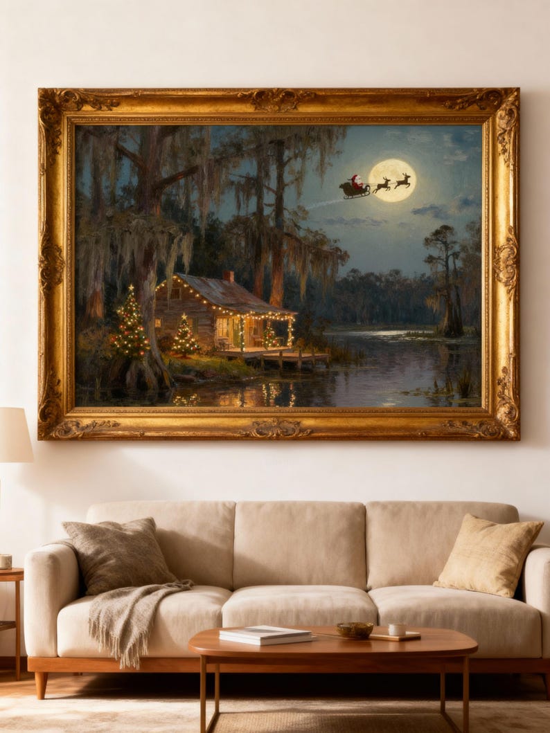 K&ouml;nnte beinhalten: Ein gerahmtes Gem&auml;lde zeigt eine Weihnachtsszene mit einer H&uuml;tte an einem See, beleuchtet von Lichterketten und Weihnachtsb&auml;umen. Der Weihnachtsmann fliegt in einem Schlitten, der von Rentieren gezogen wird, unter einem Vollmond. Das Gem&auml;lde befindet sich in einem goldenen, verzierten Rahmen.