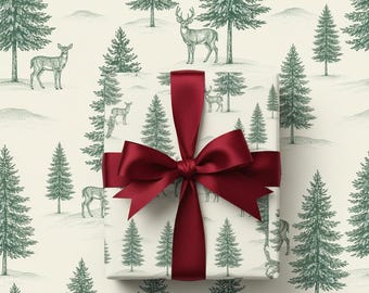 Woodland Toile Christmas Wrapping Paper | Rustic Evergreen Forest Wrapping Paper | Vintage Deer & Pine Tree Gift Wrap Woodland Cabin Print